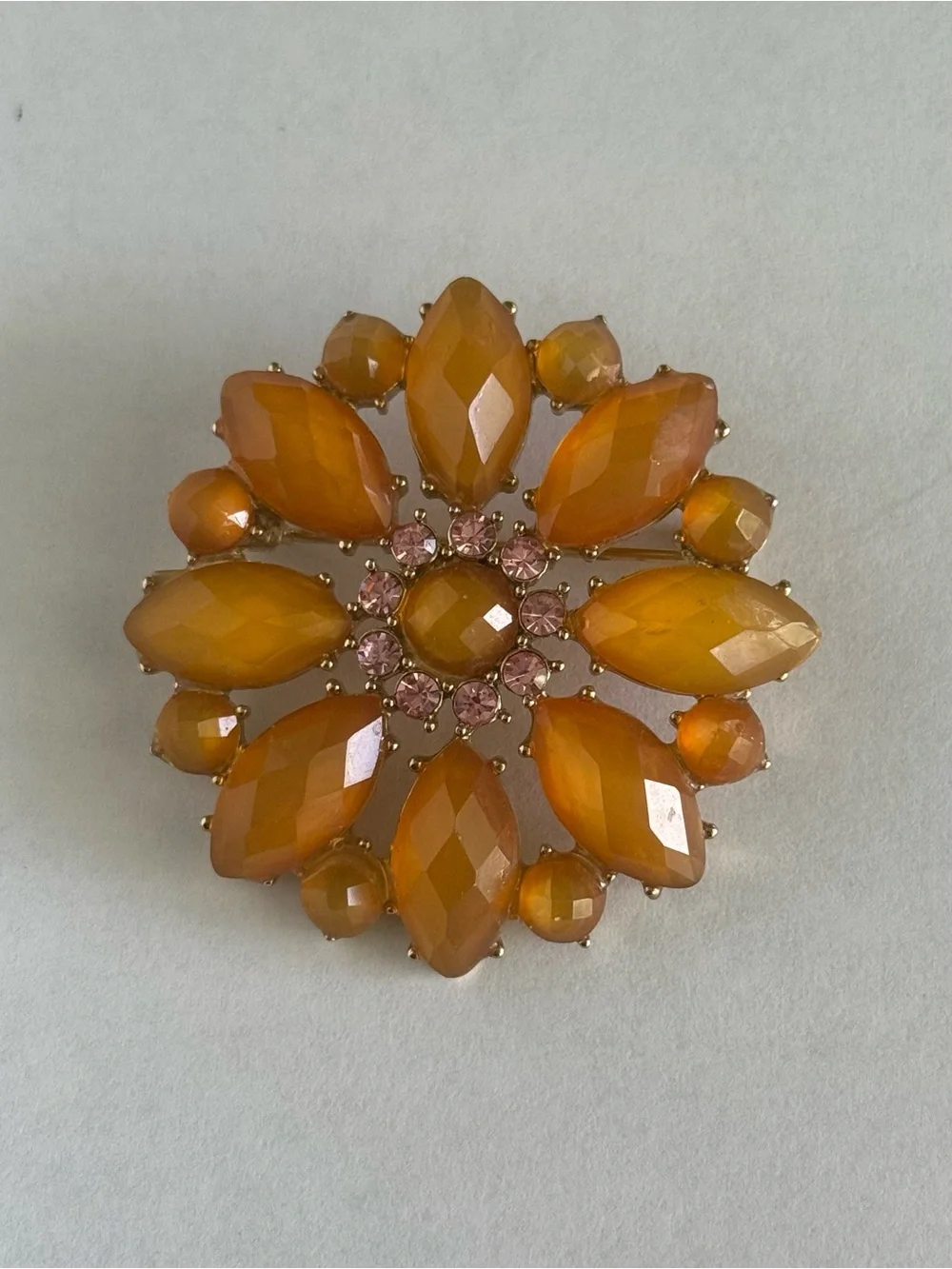 Vintage Liz Claiborne Orange Amber Flower Brooch Pin Pink Rhinestones 2